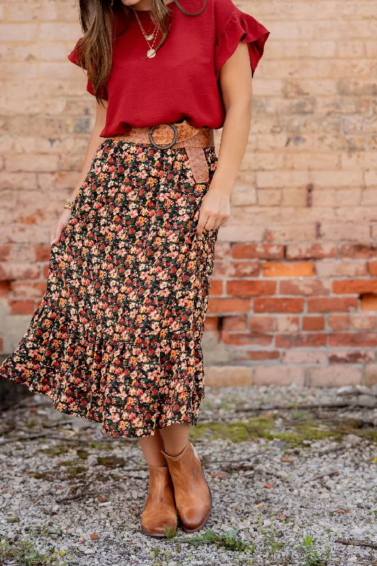 Vintage Floral Ruffle Bottom Midi Skirt leather skirt refined