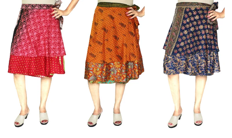 Women's Indian Sari Magic Wrap Short Skirt Wholesale 3 Pcs Lot Two Layers pleated skirt texture