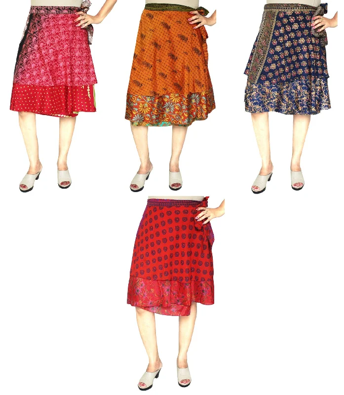 Women's Indian Sari Magic Wrap Short Skirt Wholesale 4 Pcs Lot Two Layers chiffon skirt flowing