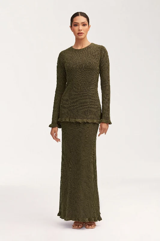 Yara Crochet Maxi Skirt - Dark Olive leather skirt refined