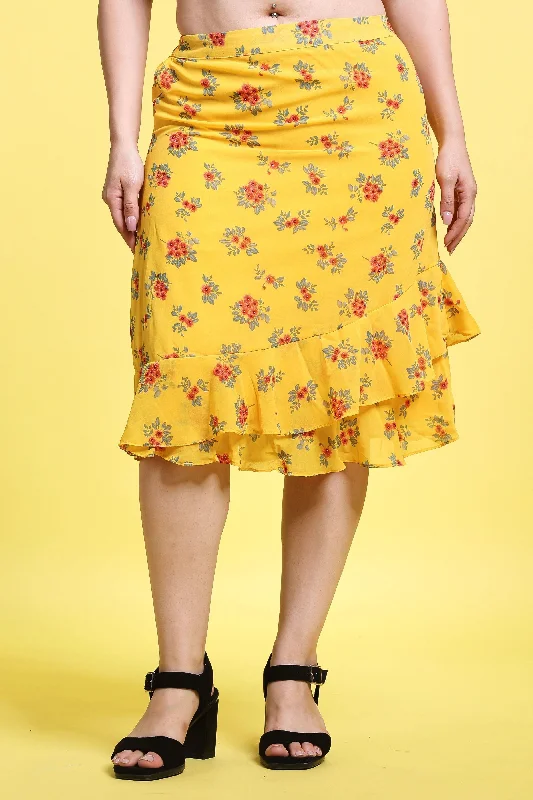 Yellow Floral Printed Layered Skirt cotton skirt soft